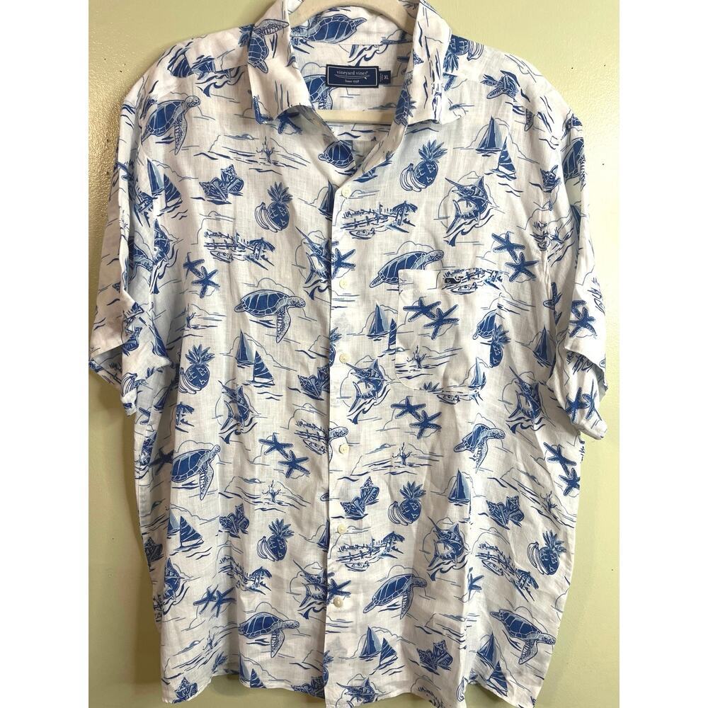 Vineyard Vines Linen Harbour Icons Nautical Short Sleeve Button Down Shirt XL